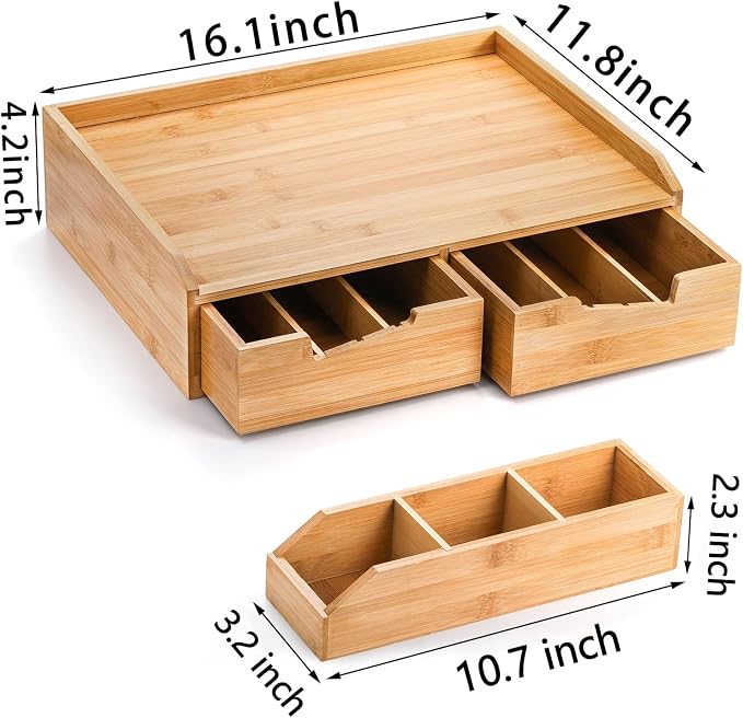 SOUJOY Bamboo 2 Drawer Coffee Pod Organizer with Side Box for K Cup Tea Bag | Space-Saving, Eco-Friendly, Natural Bamboo Organizer for Kitchen Counter, Coffee Bar, Office