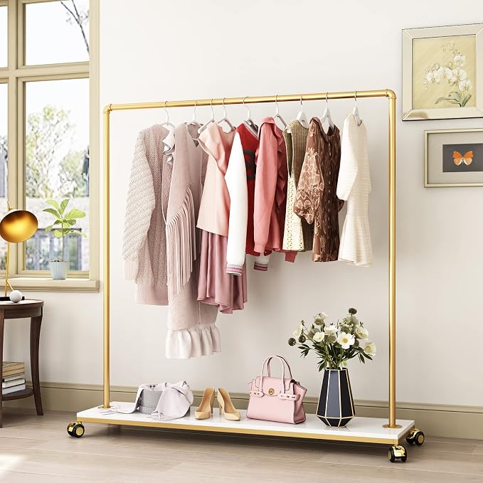 Gold Metal Clothing Rack with Wood Shelf, Heavy Duty Rolling Garment Rack with Wheels for Bedroom Retail Boutique Use (61L inches)