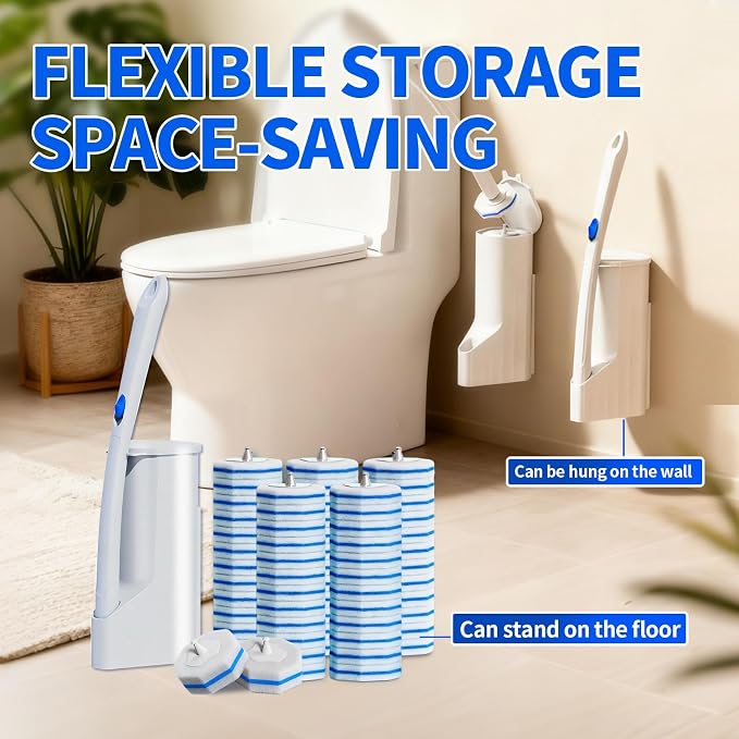 Disposable Toilet Brush Set with 60 Replacement Heads, Toilet Cleaning Replacement Pads, Starter Kit with Storage Case for Deep Cleaning and Hygienic Bathroom Maintenance