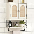 RUSTOWN Rattan Bathroom Wall Cabinet, Boho Over The Toilet Storage Cabinet | Arched Rattan Doors, Modern Medicine Cabinet, Adjustable Shelves, Towel Bar, Vintage White