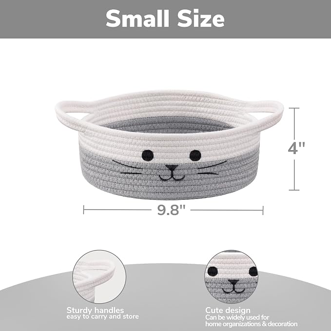 Cute Cat Toy Basket, Gift Baskets Empty for Home Decor, Baby Basket for Baby Shower, Small Cotton Rope Baskets for Pets Toys, White & Grey, 9.8 x 4 inches