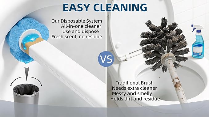 Disposable Toilet Brush with 48 Refills Holder Wall Mount Scrub kit | Built-in cleaner, Ergonomic wand, Long handle, No wash,Click-discard, 2x Adhesive Sheet