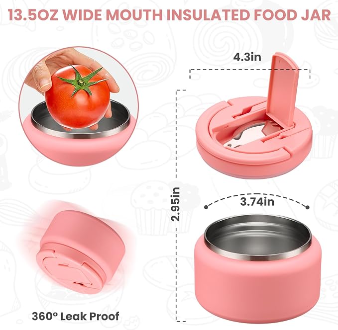 Itslife 13.5oz Vacuum Insulated Soup Thermo for Hot Food, Kids Lunch Container with Leakproof Buckle Lid, Wide Mouth Stainless Steel Food Jar with Spoon