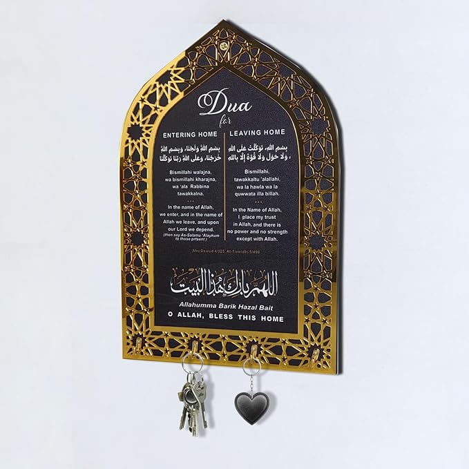 Islamic Wall Art, Acrylic Wood Wall Hanging Organizer with Hooks, Ramadan Mubarak Eid Mubarak Decor, Crescent Moon Key Holder, Islamic Home Decor for Entryway, Ramadan Eid Gifts for Women, Gold-Black
