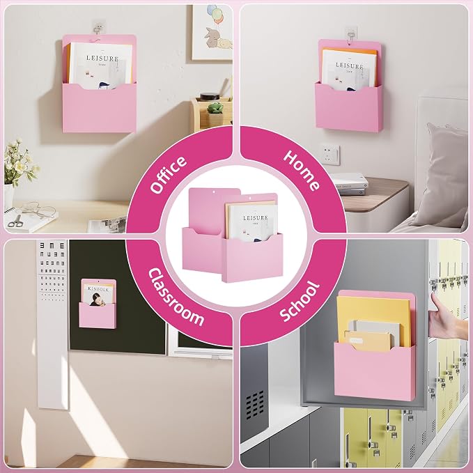 Magnetic File Holder - Magnetic Paper Holder, Pocket Organizer Office Supplies Storage Mail Organizer for Notebooks,Planners,Letter (Pink)