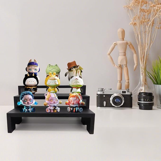 Yikaroeli 2 Set Black Display Risers Small Wooden Perfume Riser for Display Stand 6Pcs 3 Tiered Cologne Shelf Men Organizer Wood Racks Cupcake Stands
