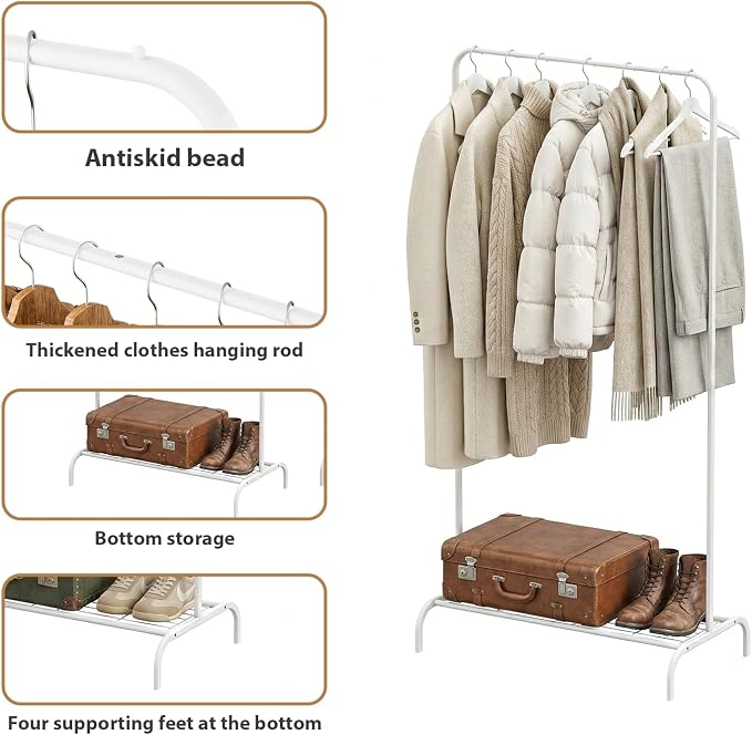 Small White Clothing Rack 2 Pack, Metal Garment Rack No Wheels, Free Standing Clothes Rack with Bottom Shelf for Hanging Clothes, Space Saving Closet Organizer for Bedroom, Laundry Room