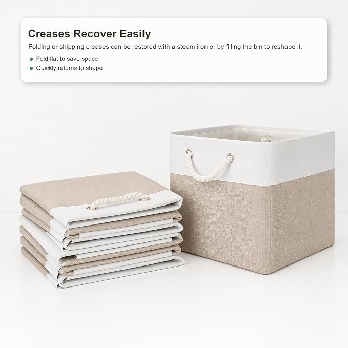 11x11 Inch Cube Storage Bins, 8 Pack Collapsible Fabric Storage Cubes with Rope Handles, Waterproof Foldable Storage Baskets for Cube Shelves, Closet, Clothes, Toys, Books, White & Beige