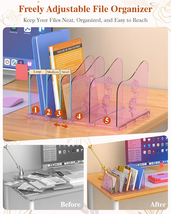 Adjustable Rose File Organizer for Desk, Vertical File Folder Holders for Magazines, Upright Desktop Binder Organizer, Clear Paper Bookshelf Divider File Sorter for School Office Supplies