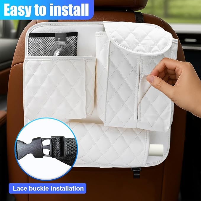YoRise Leather Car Seat Back Organizer, Multifunctional Hanging Automotive Storage Bag with 2 Hooks, Car Seat Travel Bag for Tissue, Phone, Handbag, Bottle, Umbrella, Snack (White)