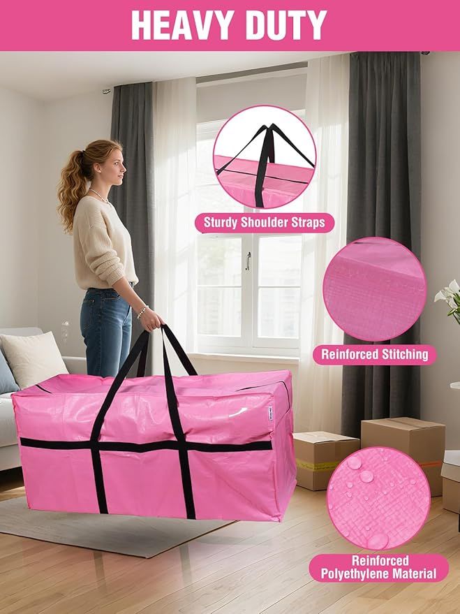WORKPRO 1 Pack 66 Gallon Extra Large Moving Bag with Zippers, Carry Handles, Heavy-Duty, Water-Resistant Storage Totes for Moving & Space-Saving Organization, Pink