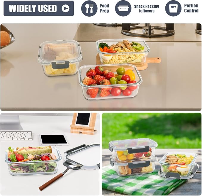 6 Pack, 34oz Glass Meal Prep Containers with Lids, Food Storage Containers | Portion Control, Glass Lunch Containers with Airtight Lids, Microwave, Freezer, Dishwasher Safe