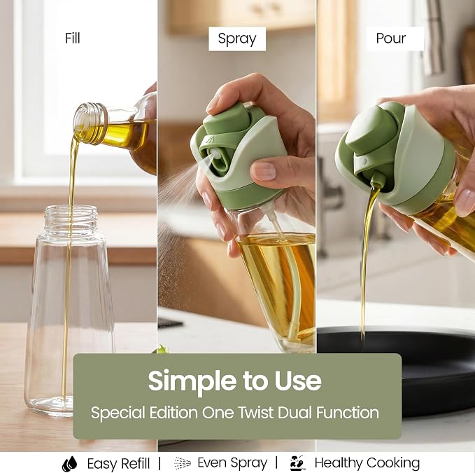 Olive Oil Dispenser for Kitchen | 2-in-1 Pour and Spray | 7.7 oz / 230 ml | Glass Olive Oil Sprayer for Cooking, Airfryer, Salad & BBQ | Set of 2 Bottles, Green