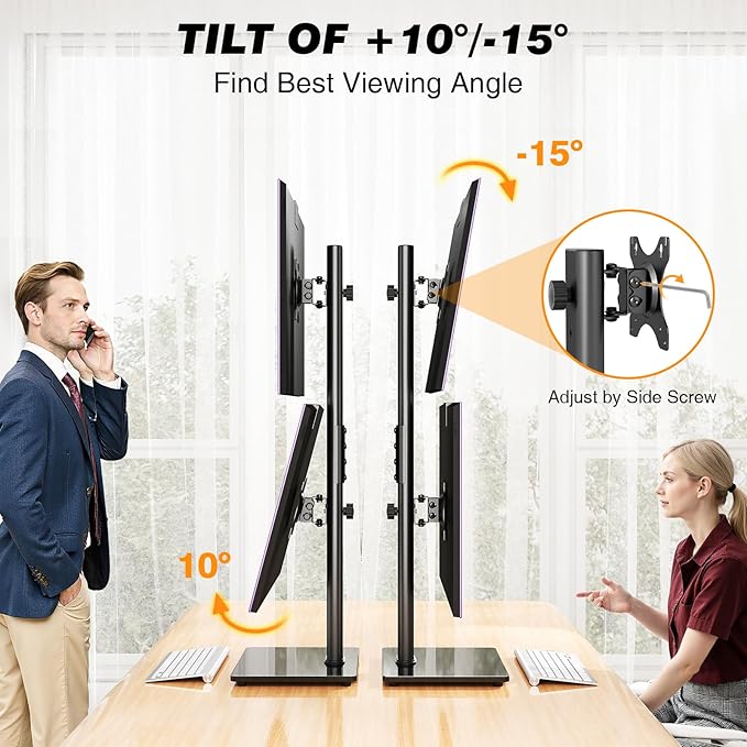 Dual Monitor Stand VESA Mount for 13-38 Inch Screens up to 44lbs | Free-Standing Monitor Riser with Swivel, Tilt, Rotation & Height Adjustable, Compatible with VESA 75x75-100x100mm