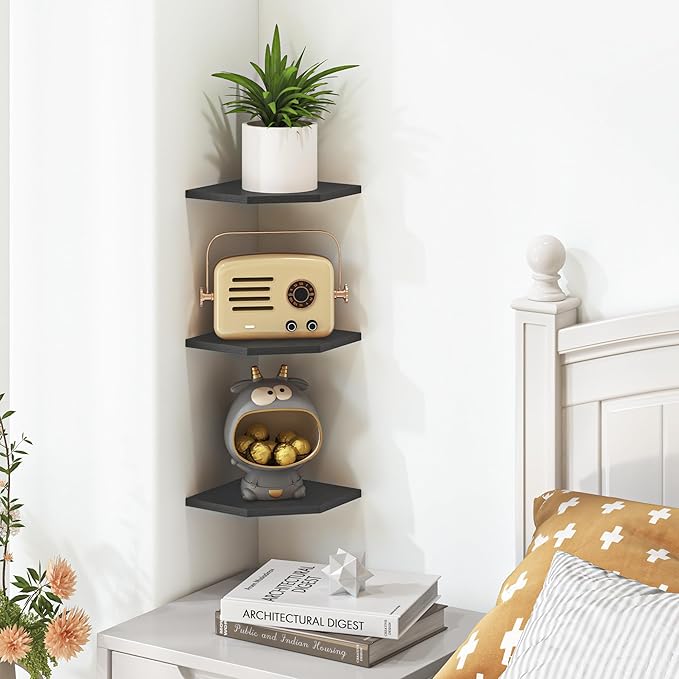 Fun Memories Corner Shelf Wall Mount, Floating Corner Shelves, Set of 6 Corner Wall Shelf Organizer, Rustic Wood Wall Storage Display Shelves for Living Room Bedroom Bathroom Kitchen, Classic Black