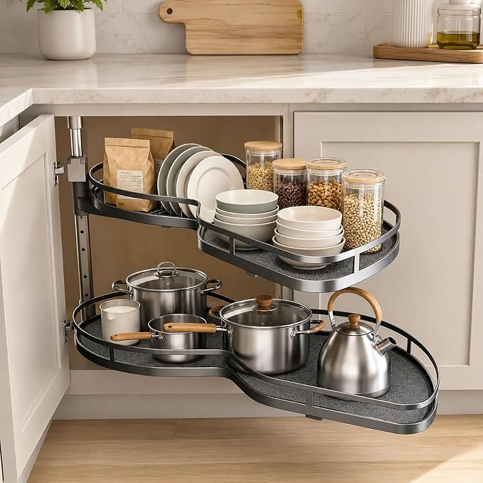 Blind Corner Cabinet Pull Out Organizer, Heavy Duty 2-Tier Soft Close System, Fits 12”-18” Cabinets, Left/Right Adjustable Magic Corner Storage for Kitchen Cabinets