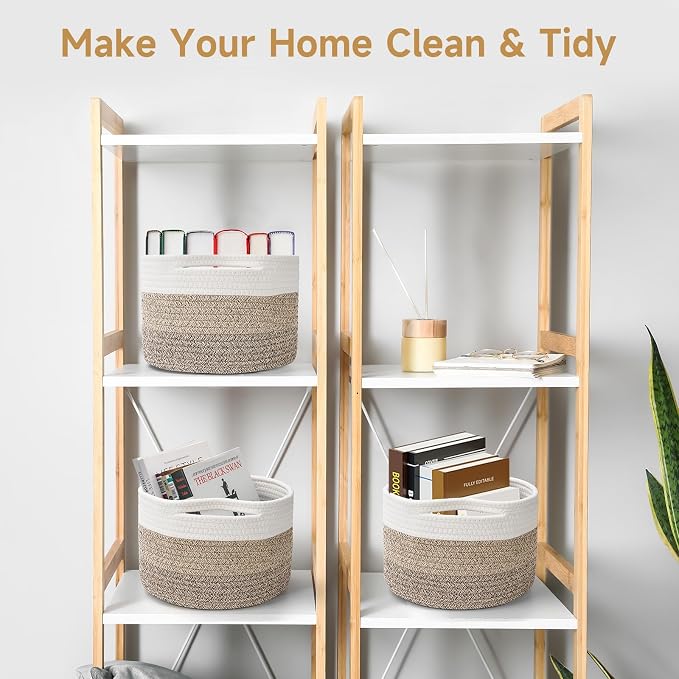 Small Rope Baskets for Storage, Baskets for Gifts Empty, Cute Round Woven Basket, Decorative Shelf Baskets 9.82×9.82×7.1", Cotton Toy Storage Bins for Organizer 3 Packs Mixed Brown