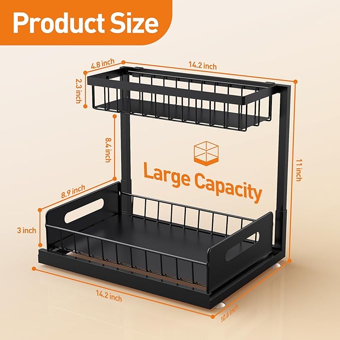 Under Sink Organizer,Metal Pull Out Cabinet Organizer Shelf,Kitchen Bathroom Organizers with Sliding Drawer,Storage Shelves,Storage and organization for Home,Laundry,RV,Pantry,Spice,Black,1 Pack