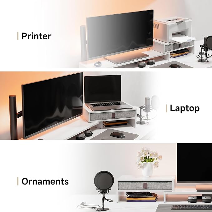 Fenge Triple Monitor Stand with Srorage Drawer, Adjustable Length and Angle | Computer Monitor Riser for 2 or 3 Monitors, Wooden Desktop Laptop Stand, Office Organizer for PC, Screen, Tablet, White