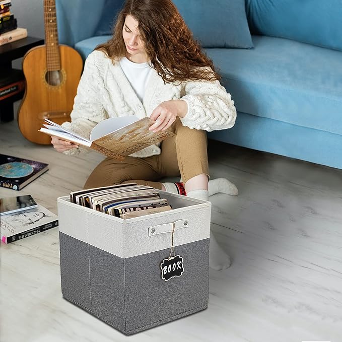 13x15x13 storage cube bins 4 Pack,Collapsible Fabric Storage Cubes with Labels,Linen Cube Storage Organizer Bins with Cotton Handles,Square Storage Cubes for Home,Office,Clothes,Cabinet(White Grey).