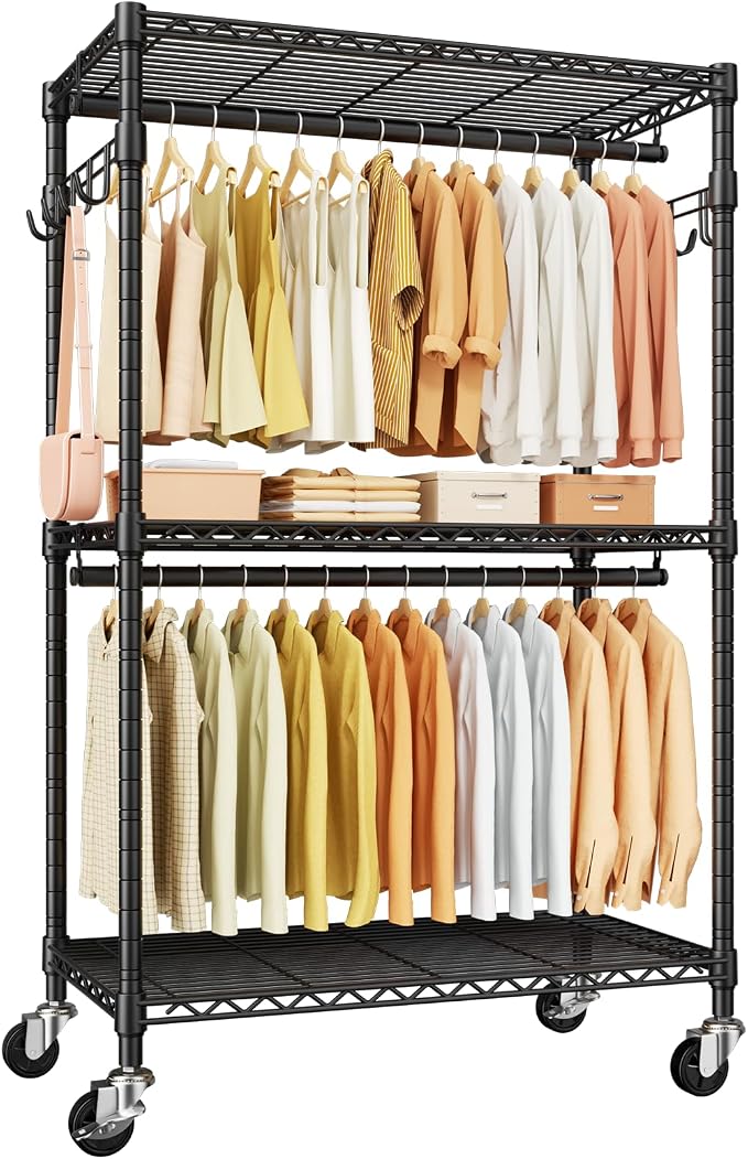 ULIFHOME P1 Rolling Clothes Rack, Portable Wardrobe Closet with Wheels, Heavy-Duty Closet Clothing Rack for Hanging Clothes, 35.5" W x 15.7" D x 80.5" H, Hold 500lbs, Black