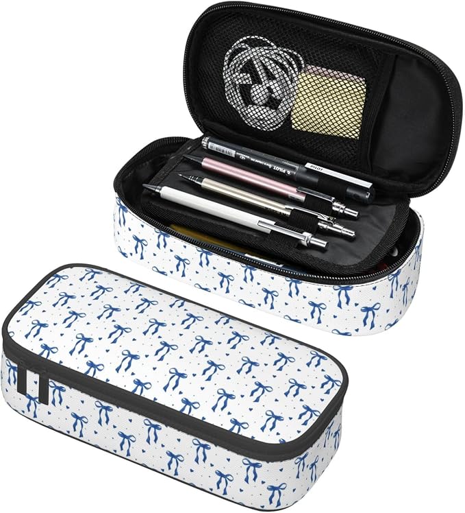 Blue Bow Large Pencil Case for Girls Boys, Pencil Pouch Pen Bag Kids Teen | Big Capacity with Flip Top Zipper Stationery Organizer Storage Back to School Supplies for School Office College Student