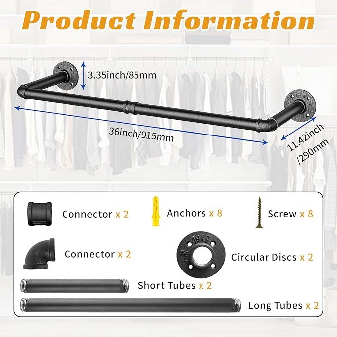 36 INCH Industrial Pipe Clothes Rack,Wall Mounted Clothes Rack,Metal | 150lbs Max Heavy Duty Clothing Rack,Powder Coating Surface,Space-Saving Hanging Rod for Laundry Room,Bedroom,Closet Storage