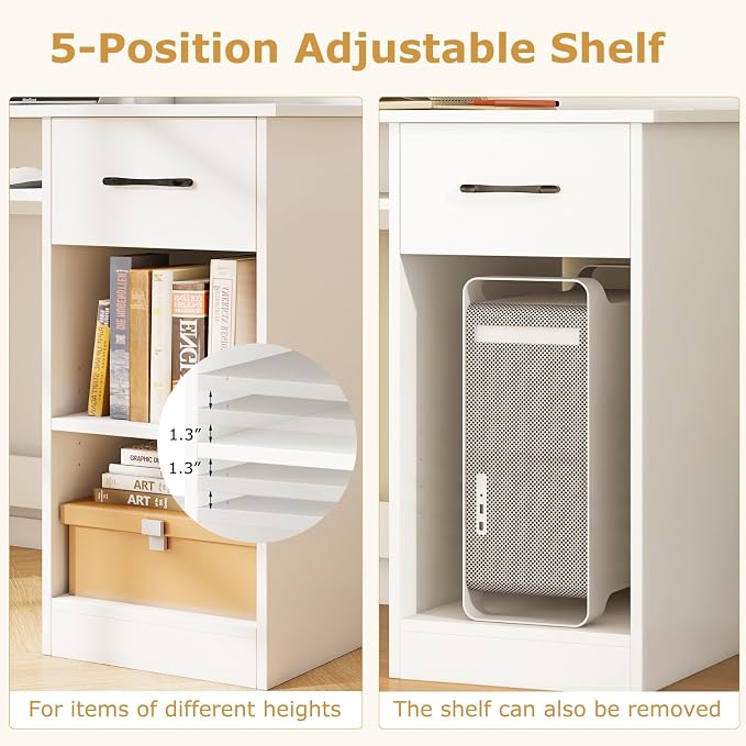 Tangkula White Desk with Drawer & Keyboard Tray, Home Office Desk with Built-in Charge Station & Adjustable Shelf, Study Writing Table with Hutch, Modern Computer PC Workstation