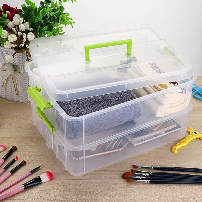 BTSKY 2 Layer Stack & Carry Box, Plastic Multipurpose Portable Storage Container Box Handled Organizer Storage Box for Organizing Stationery, Sewing, Art Craft, Jewelry and Beauty Supplies Green