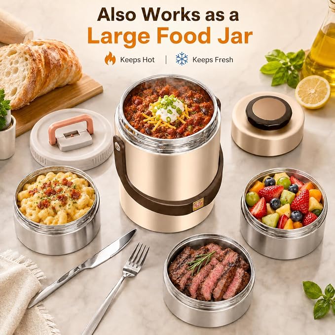 67oz Upgraded Thermos for Hot Food, 3-Layer Stackable Food Thermos, Soup Thermos Jar with Insulated Bag, Ideal for Office, Outdoor Meals, and Various Occasions (67 oz Gold)