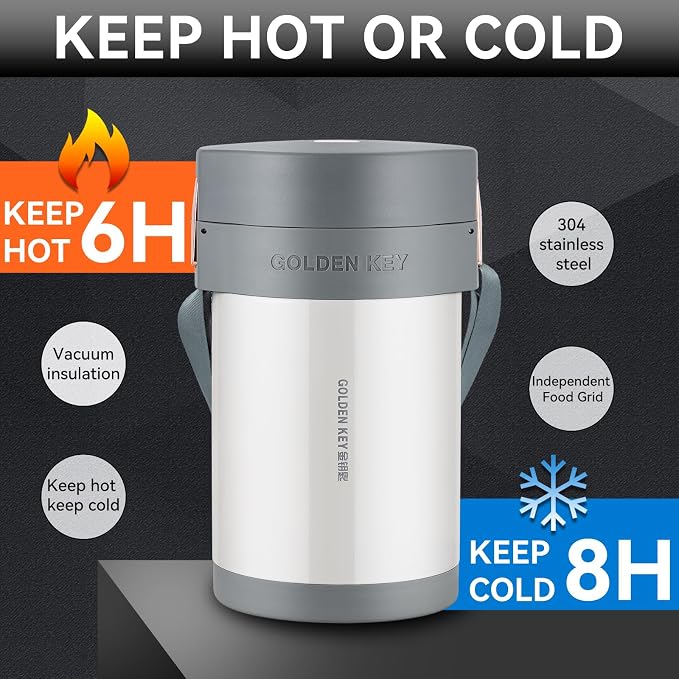 GOLDEN KEY 74 oz Stainless Vacuum-Insulated Container for Hot Food Adult | Wide Mouth Large Food Container with 3 Stackable Storage Container Inserts and Lunch Bag,Hot & Cold Soup Insulated Food Jars