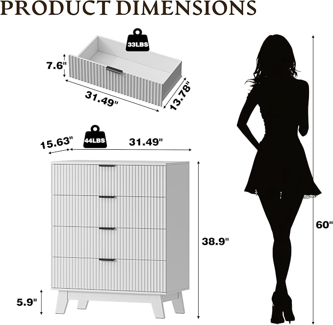 BORNOON 39" Tall Dresser for Bedroom, 4-Drawer Fluted Chest of Drawers, Modern Wood Highboy with Deep Storage, Metal Slides & Handles, Anti-Tip Kit, Vertical Clothes Organizer for Apartment, Nursery