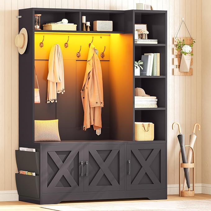 Itaar Hall Tree with Bench and Shoe Storage, Farmhouse Entryway Bench with Coat Rack, Shoe Cabinet with Adjustable Shelves, 6 Storage Cubbies, 10 Coat Hooks, Storage Bag, Led Lights, Black