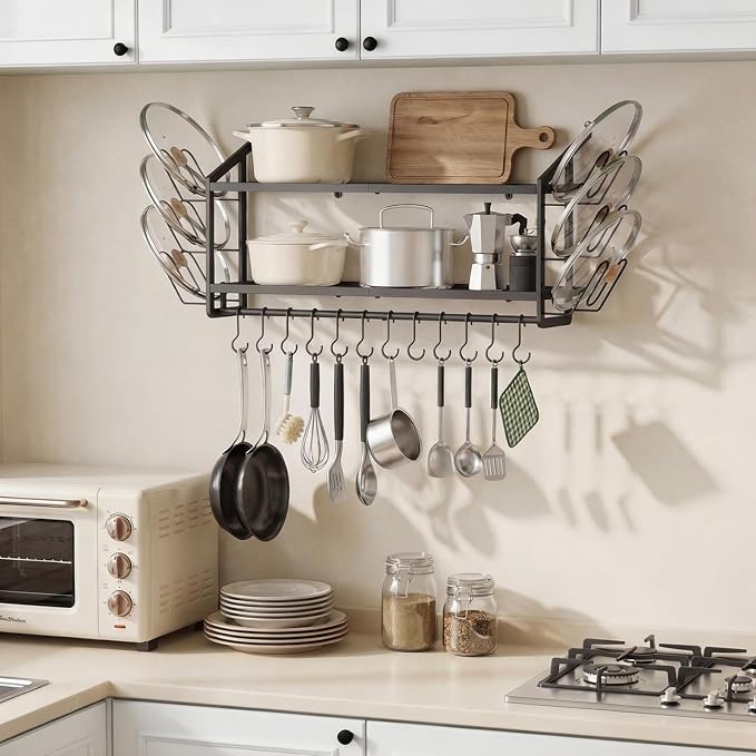 30"Pot Rack Wall Mounted with 6 Pot Lid Holders,12 Hooks for Hanging Pans | 2 tier black heavy duty metal shelves for pots and pans organizer,200lbs capcity, space saving for apartment, neat countertop