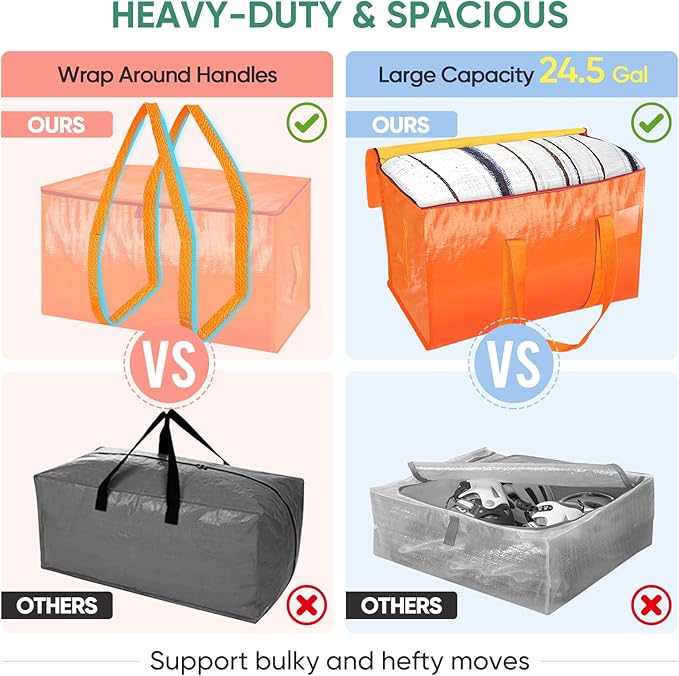 BALEINE 8-Pack Oversized Moving Bags with Reinforced Handles, Heavy-Duty Storage Tote for Clothes, Moving Supplies (Orange, 8-Pack)