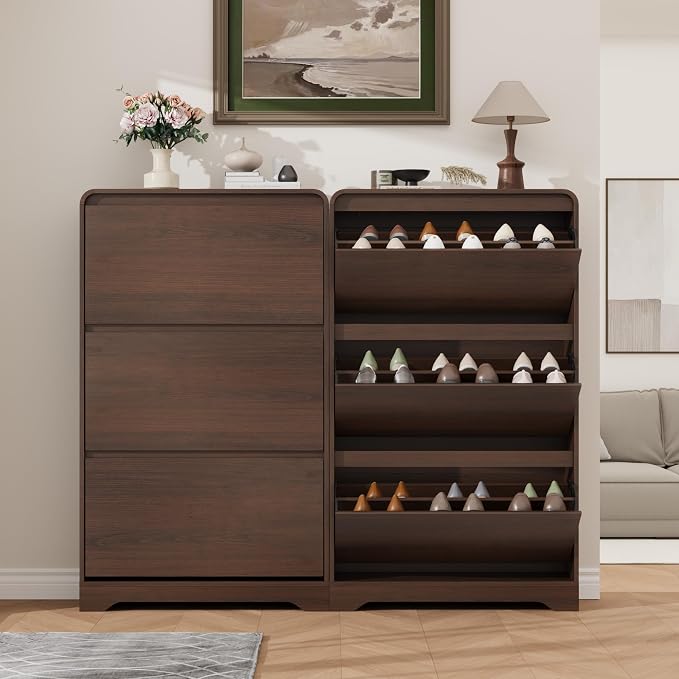 Garvee Hidden Shoe Cabinet, Brown | 3 Flip Drawers, Freestanding, For Entryway, Hallway, Foyer, Modern Design, Small Space