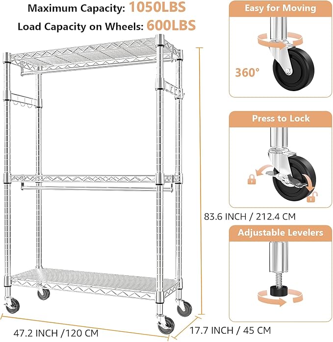 M MZG Heavy Duty Rolling Garment Rack 3 Tiers Adjustable Wire Shelving Clothes Rack with 2 Rods and Side Hooks, Storage Closet Clothing Rack with Wheels Chrome 17.7" D x 47.2" W x 83.6" H