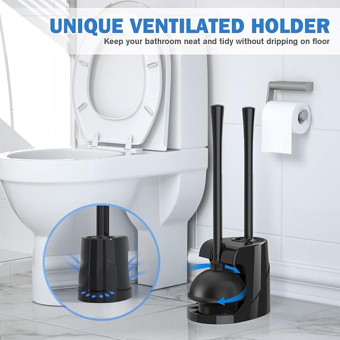 Toilet Plunger and Brush, Bowl Brush and Heavy Duty Toilet Plunger Set with Ventilated Holder, 2-in-1 Bathroom Cleaning Combo with Modern Caddy Stand for 5.7-inch Toilet Drain(Black, 2 Set)