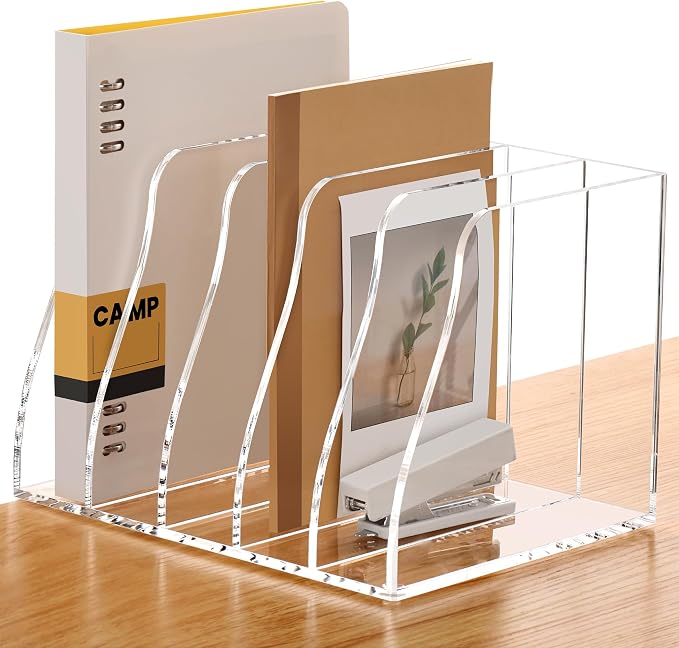 SANRUI Acrylic Magazine File Holder Desk Organizer, Clear 5 Vertical Compartments Workspace Document Sorter, Folder Rack Binder for Office Home Classroom Tablet, Books & Accessories Storage