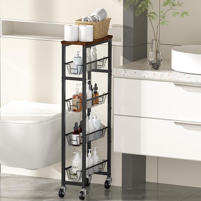 Honest Slim Storage Cart 4-Tier Slim Rolling Cart with Metal Frame and Wooden Top, 6.3 Inches, Storage Cart for Kitchen, Dining Room, Living Room, Bathroom, Home Office, Rustic Brown and Black