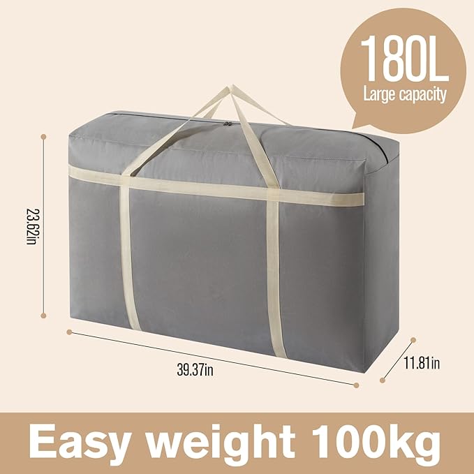 4 Pack 180L Extra Large Moving Bags with Zippers & Carrying Handles, Heavy-Duty Storage Tote Moving Boxes for Space Saving(grey, 4Pack*180L)