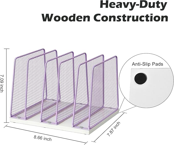 AUPSEN 5-Section File Organizer for Desk, Wood Mesh Desktop File Organizer, File Sorter Storage Rack, Vertical Folder Holder for Files, Magazines, Books (Purple)