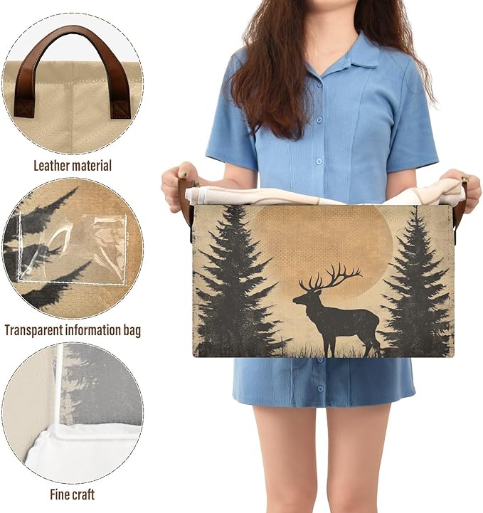 Rustic Sunset Forest Deer Vintage Storage Basket Foldable Cube Storage Bins with Handles&Label Collapsible Organizer Box Bin Large Rectangle Decorative Baskets for Shelves Home Living Room Closet-2 PC