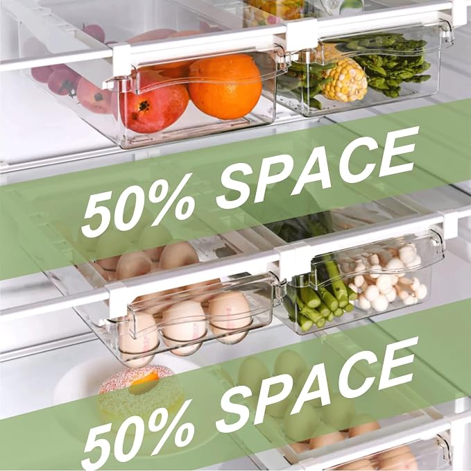 2 Pack Fridge Drawer Organizer - Egg Holder For Refrigerator Pull Out | Transparent Deli Drawer Organization Bin - Meat, Cheese - Sliding Storage Containers for Fridge Shelf Under 1.1"