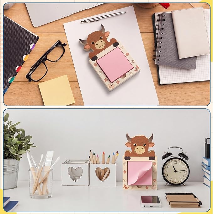 SiliFine Highland Cow Pop up Sticky Note Holder Wood Memo Pad Dispenser 3 x 3 in Sticky Notes Organizer Cute Self Stick Memo Pad Holder for Office Home Back to School Gift No Pads Included