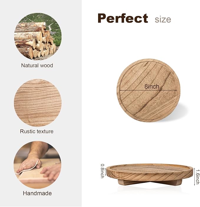 Round Decorative Tray Farmhouse Kitchen Decor Soap Dish, 8" Brown | Waterproof, Lightweight, Easy Clean, Wood Riser Pedestal Stand Accessories for Office Desk, Vanity, Counter, Sink