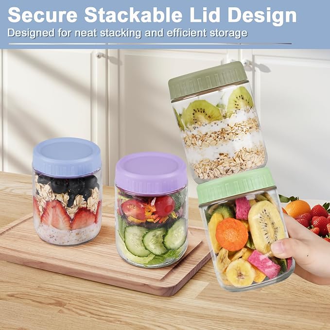 Overnight Oats Containers with Lids, 16oz Wide Mouth Mason Jars with Lids, 6 Pack Glass Jars with Airtight lid for Chia Pudding Yogurt Salad, Meal Prer Oatmeal Jars