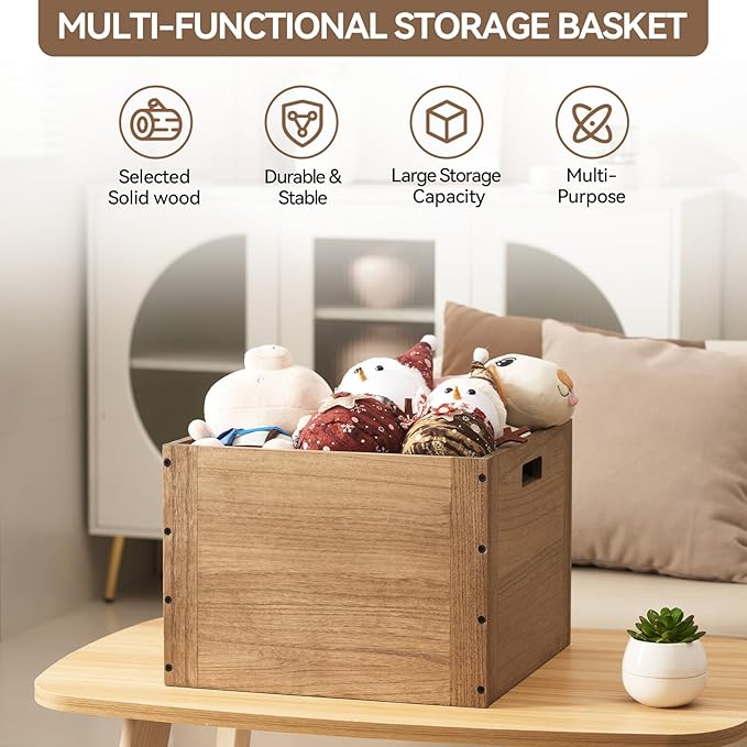 KIRIGEN Stackable Wood Storage Cube with Handles, Open Crate Bin, Brown | Wooden Box and Open Front ,Stackable for Books, Clothes, and Closet Storage, Assembly Required, 14.17 x 14.17 x 10.31 Inch