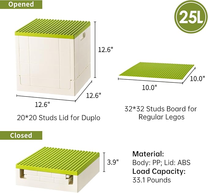 SHIMOYAMA Collapsible Kids Storage Box with Building Base for Lego Duplo Blocks, 26 Qt. Toy Organizer for Boys and Girls, 25L Stackable Toy Chests for Children, Green