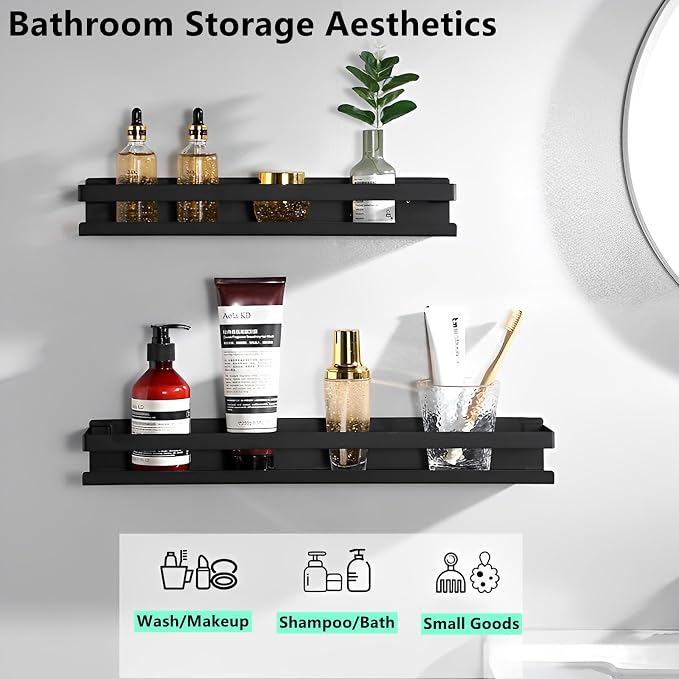 Floating Shelves Wall Mounted, Rustproof Stainless Steel Bathroom Shelf, Black Nail-Free Kitchen Spice Rack, Adhesive Storage Organizer for Shower & Home Decor
